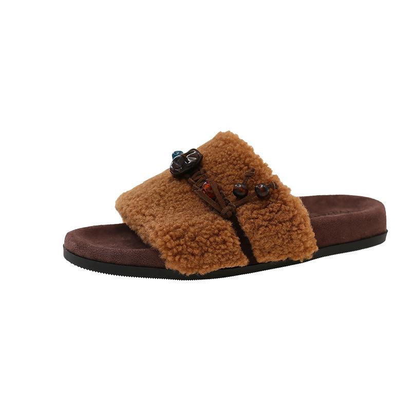 Niche Design Thick-bottomed Cotton Slippers Women's Outer Wear 2025 Autumn and Winter New Retro French Woven Plush Mop