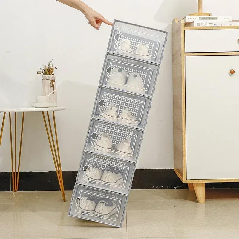 Shoe Storage Box Transparent Visible Square Shoe Container Stackable Large Space Hollow Out Back Breathable Shoe Organizer