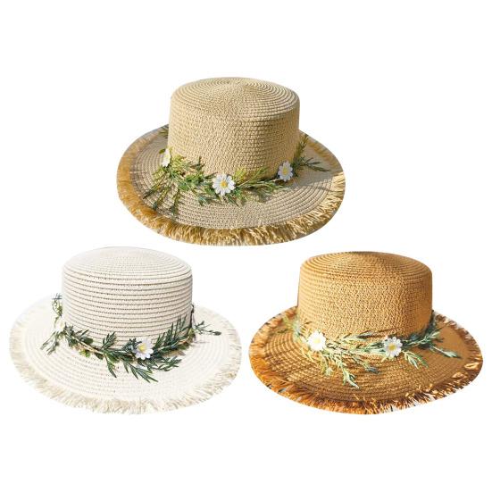 Sun Hat Wide Brim Floppy Edges Breathable Woven Straw Hat with Chrysanthemum Garland Lightweight Summer Beach Travel Hat