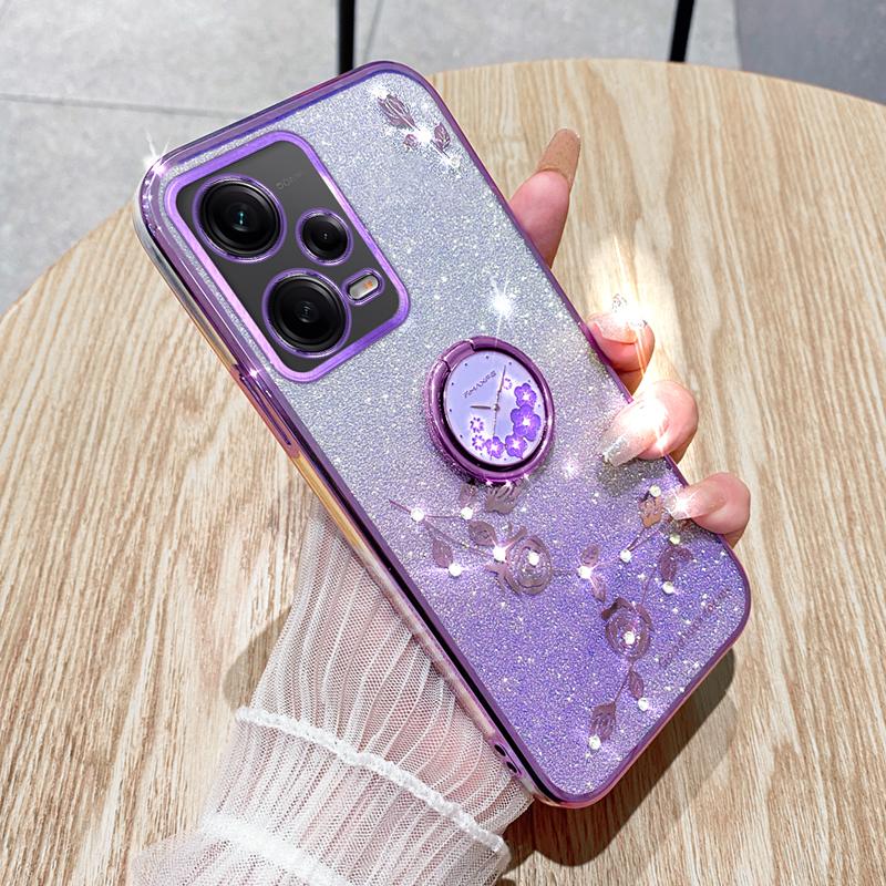 

KADEM For Xiaomi Redmi Note 12 5G (Global)/Poco X5 5G Flower TPU Cover Glitter Slim-Fit Ring Kickstand Phone Shell Purple