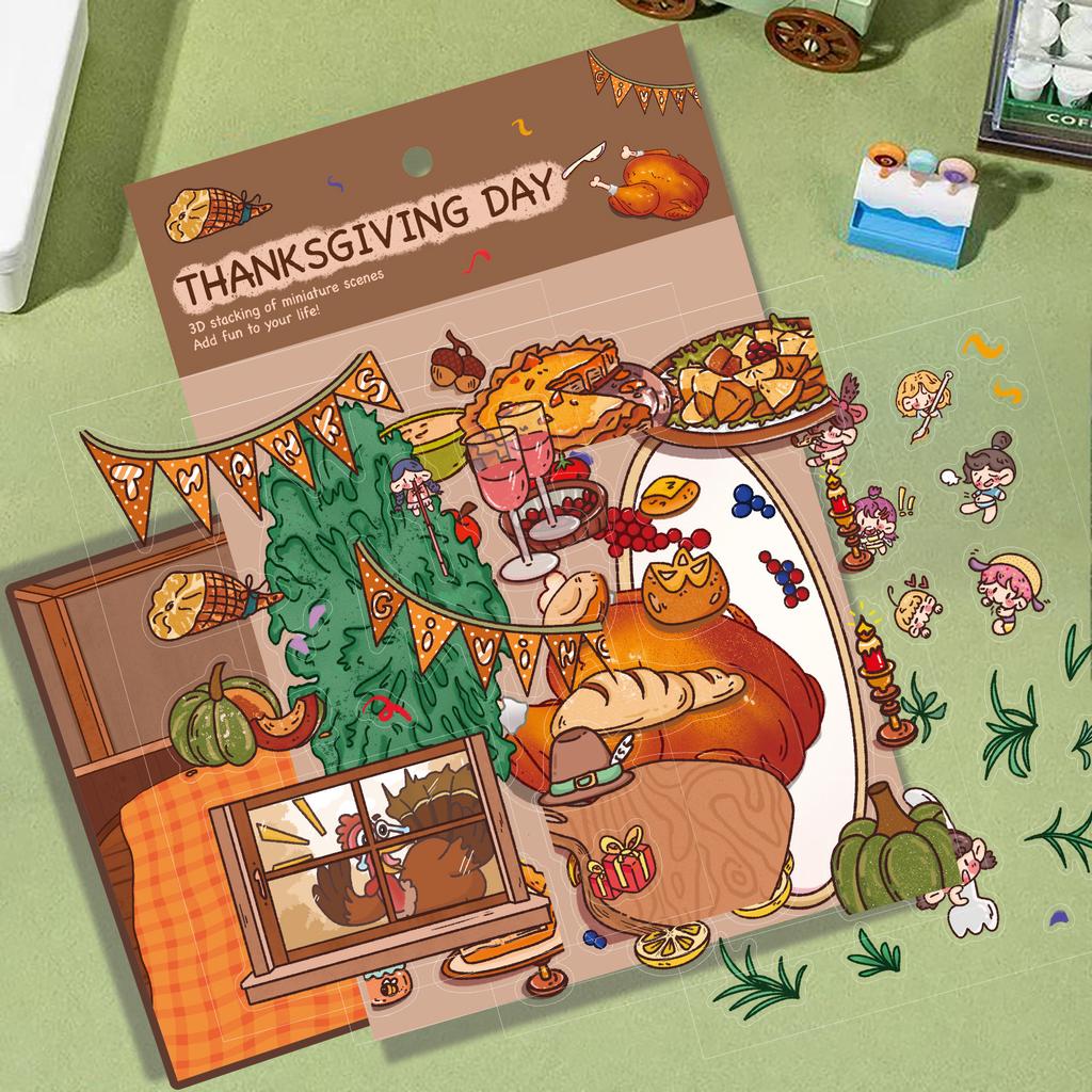 Cartoon Large Thanksgiving Festival Series Scene Stickers 3D Miniature World Unzipped DIY Scene Account