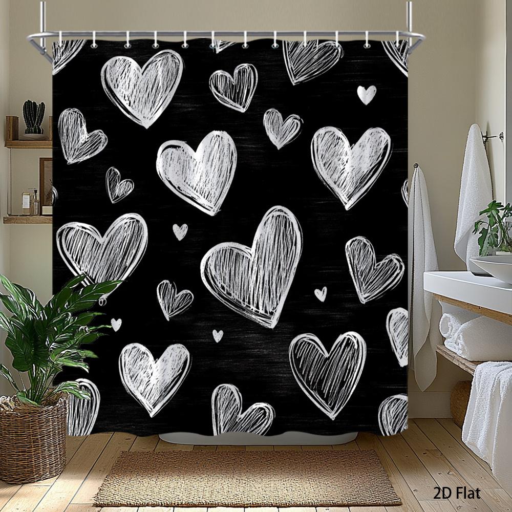 1pc Black and white heart-patterned shower curtain, polyester fabric, machine washable, suitable for bathroom décor.