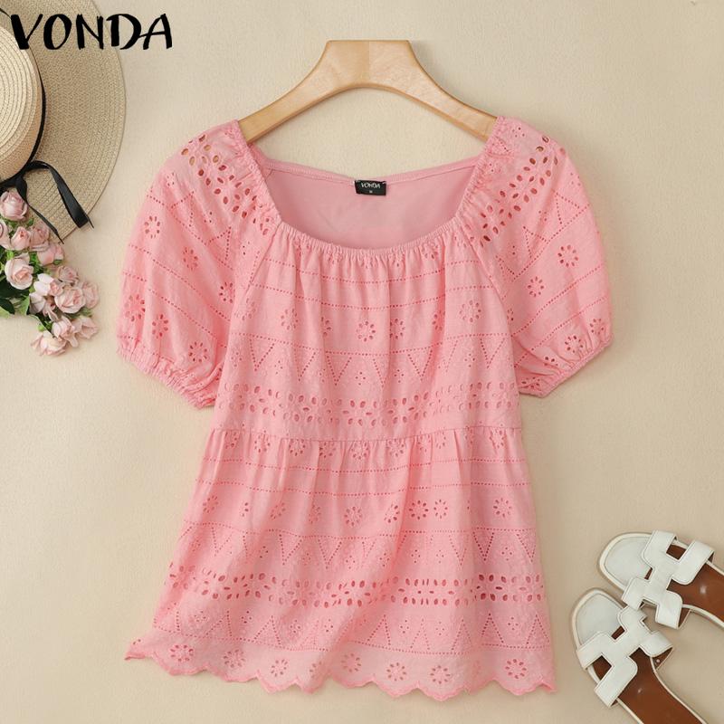 

VONDA Women Summer Off Shoulder Short Sleeve Lace Crochet Back Patchwork Casual Blouse M розовый