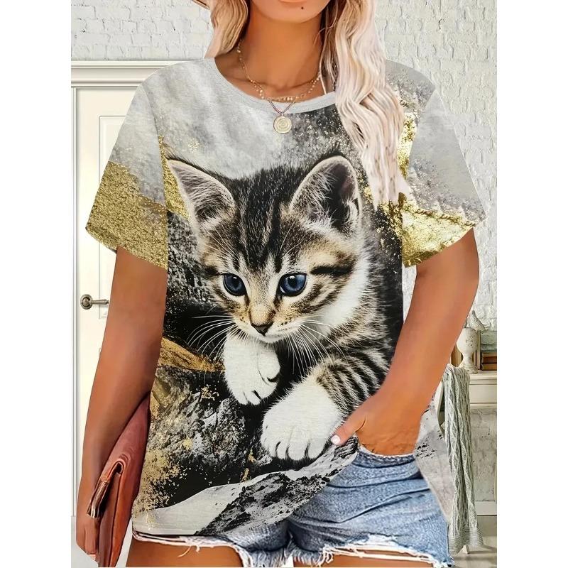 Cute Cartoon Cat Pattern Women's T-shirts Funny Animal 3D Printed Short Sleeves Summer O-Neck T-shirts