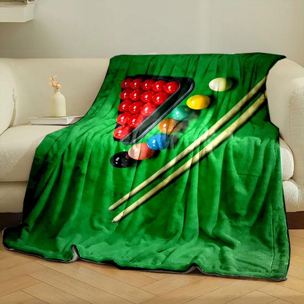 A Triangle of Red Snooker Balls, Colored Balls, Cues, and a Green Table. for All Seasons Blanket Lunch Break Throw Gift