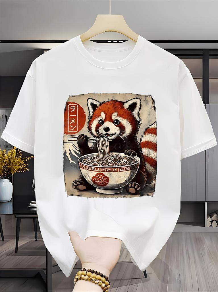 Cute Red Panda Eating Ramen T Shirt Kawaii Animal Graphic Tee Japanese Food Print Summer Top Funny Casual Shirt For Women Men