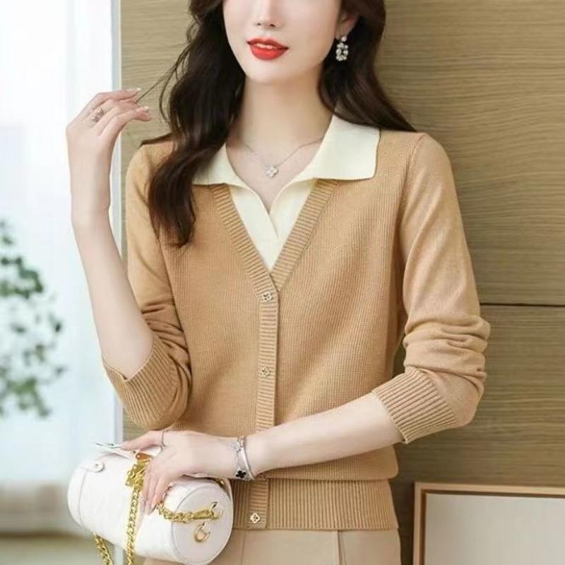 Fashion Color Block Fake Two Pieces Sweater Women Autumn and Winter Polo Collar Casual Thin Office High Quality All-match Top