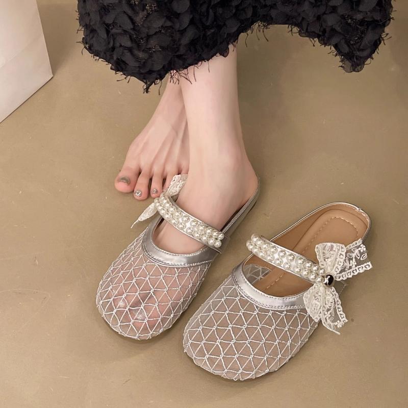 Fashion Pearl Bow Baotou Slippers for Women In Summer 2025 New Comfortable Soft Flat Bottom Lazy Mesh Cool Mat