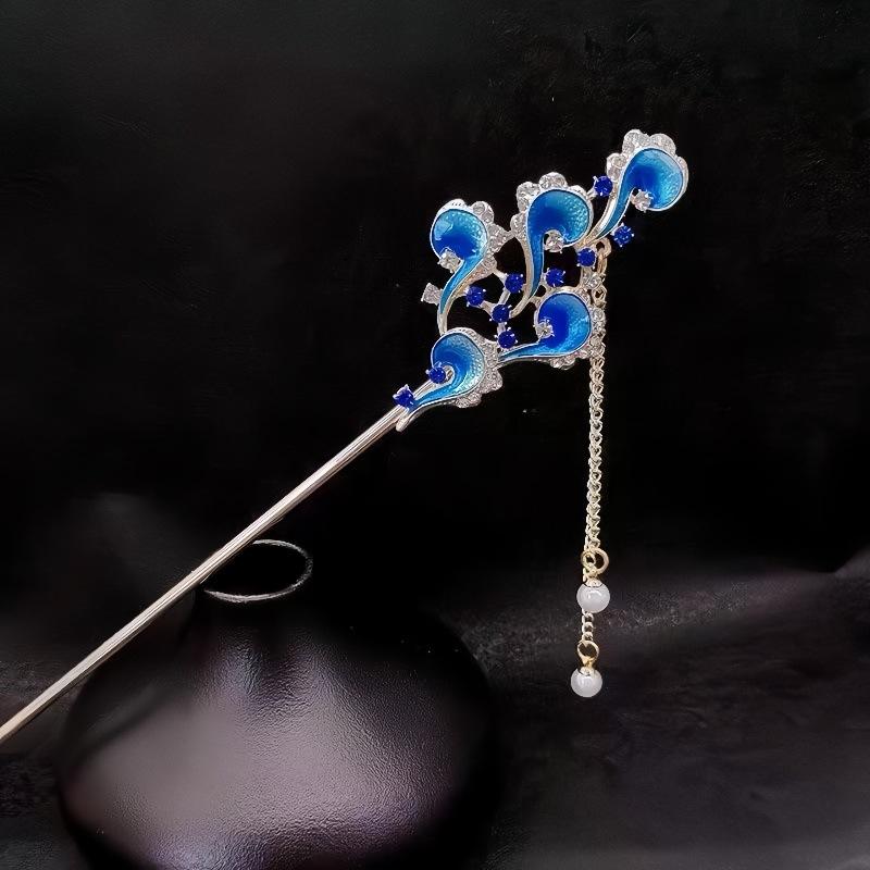 Blue Wave Wave Hairpin Ancient Wind Zircon Tassels Hair Stick Women's High End New Chinese Pearl Hanfu Hair Accessories