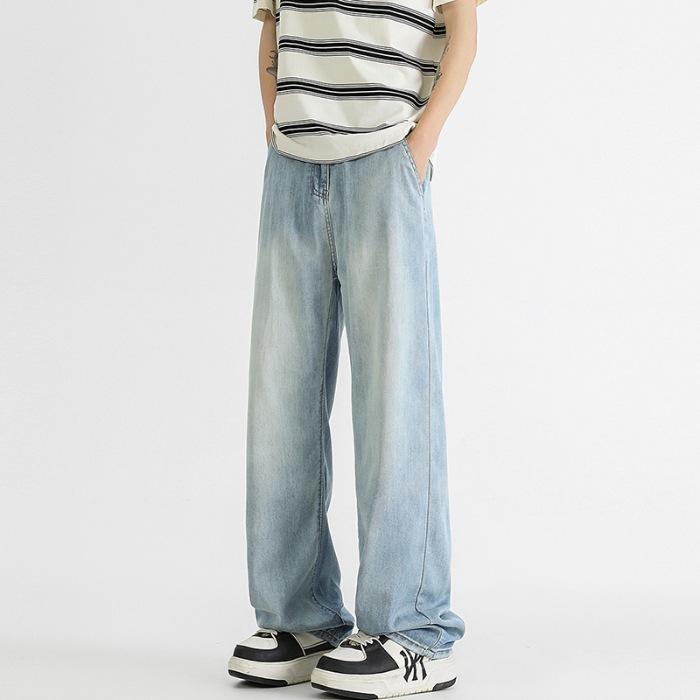 Summer thin loose Lyocell Tencel washed jeans men's cool drape wide-leg straight pants