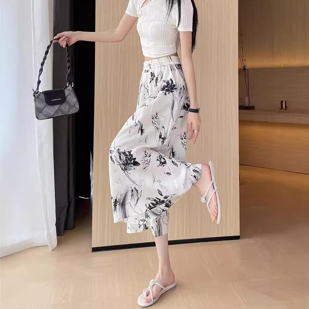 

Women s Summer Ice Silk Culottes: Green & Black Wide-Leg Pants S чёрный