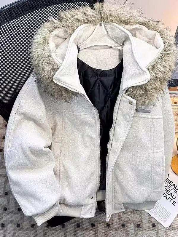 Zuoshandiao Unisex Hooded Wool Jacket with Fur Collar - Warm, Thick Cotton Outerwear for Autumn/Winter