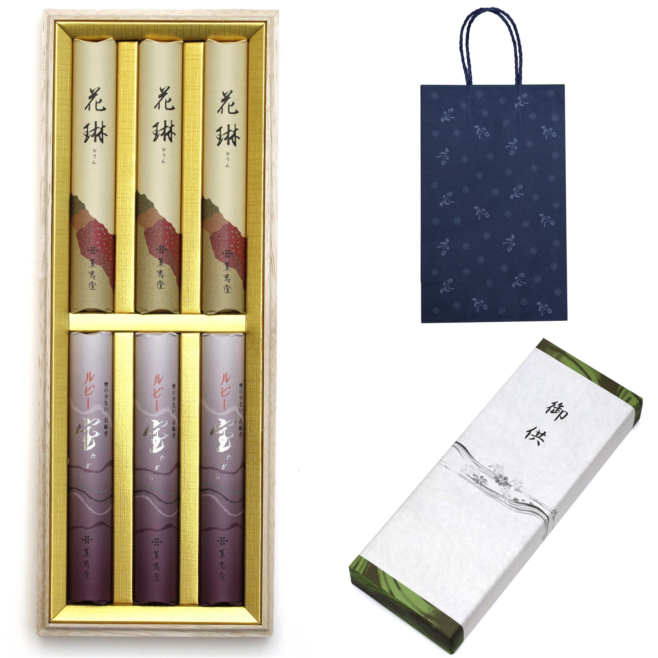 

Sympathy Incense Gift Set in Wooden Box [Karin Ruby, 2 Types, Sandalwood, with Gift Wrapping and Carry Bag] Made in Japan, Low Smoke, Perfect for