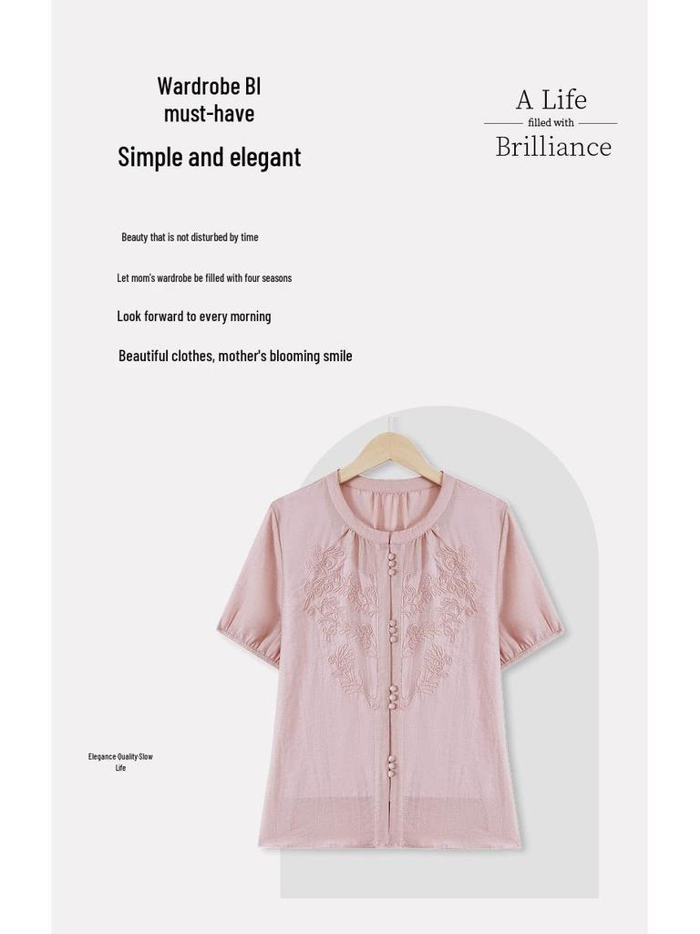 Mom's 2025 Summer Wear: New Chinese Style Blouse & Two-Piece Set for Middle-Aged and Elderly Women – Fashionable and Versatile T-Shirt.