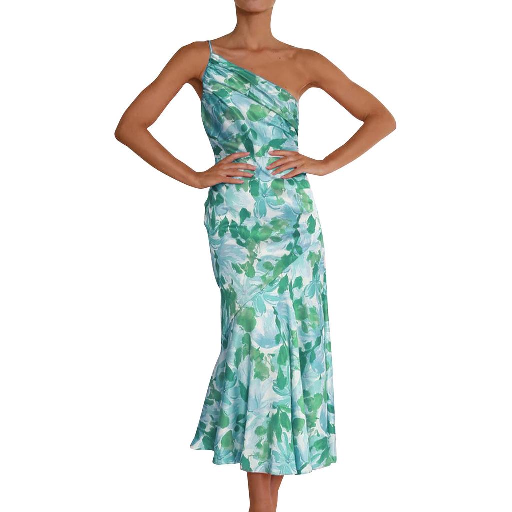 Stylish Slant Neck Strap Fishtail Print Dress