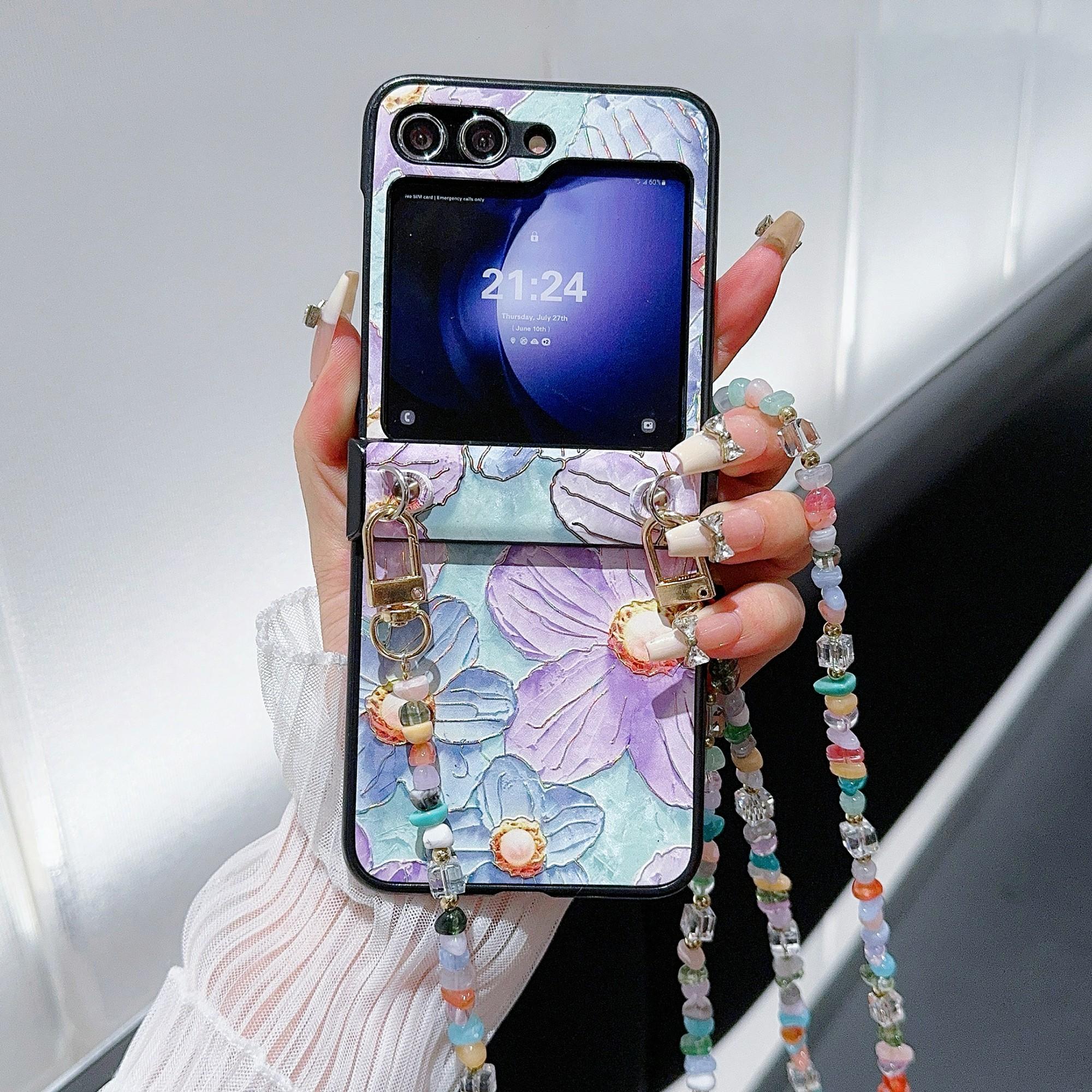 

Для Samsung Galaxy Z Flip5 5G чехол из искусственной кожи с покрытием из ПК чехол с ремешком через плечо с нефритовыми камнями Purple Flower