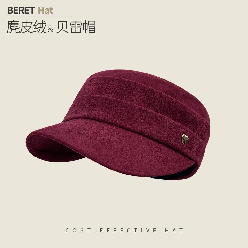 Round Label Pleated Suede Flat Top Equestrian Hat Women'S Season Warm Newsboy Hat Showing Face Ducktongue Beret