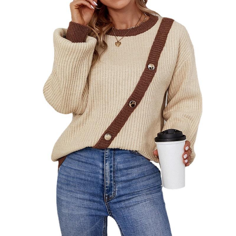 Neuer Herbst- und Winter-Pullover mit Kontrastknöpfen und Rundhalsausschnitt Europäischer und Amerikanischer Laternenärmel-Pullover für Damen