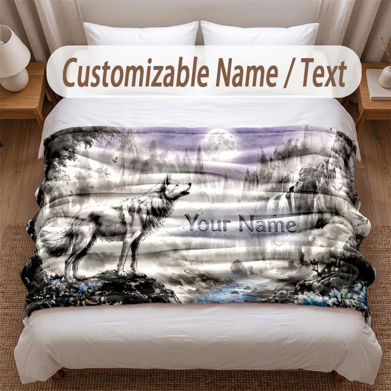 Wolf Theme Soft Blanket Personalized Custom Name Text Print Warm Blanket Home Sofa Bedroom Decor
