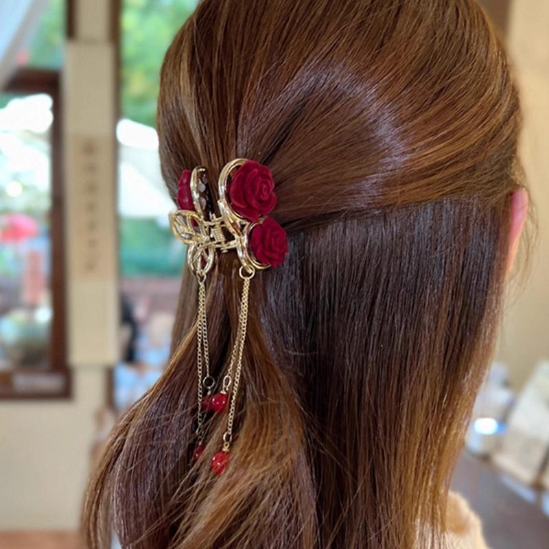 1Pc Vintage Elegant Red Flocked Rose Tassel Hair Clip Stylish Ponytail Claw Crab Clip For Girls Women Delicate Hair Accessories
