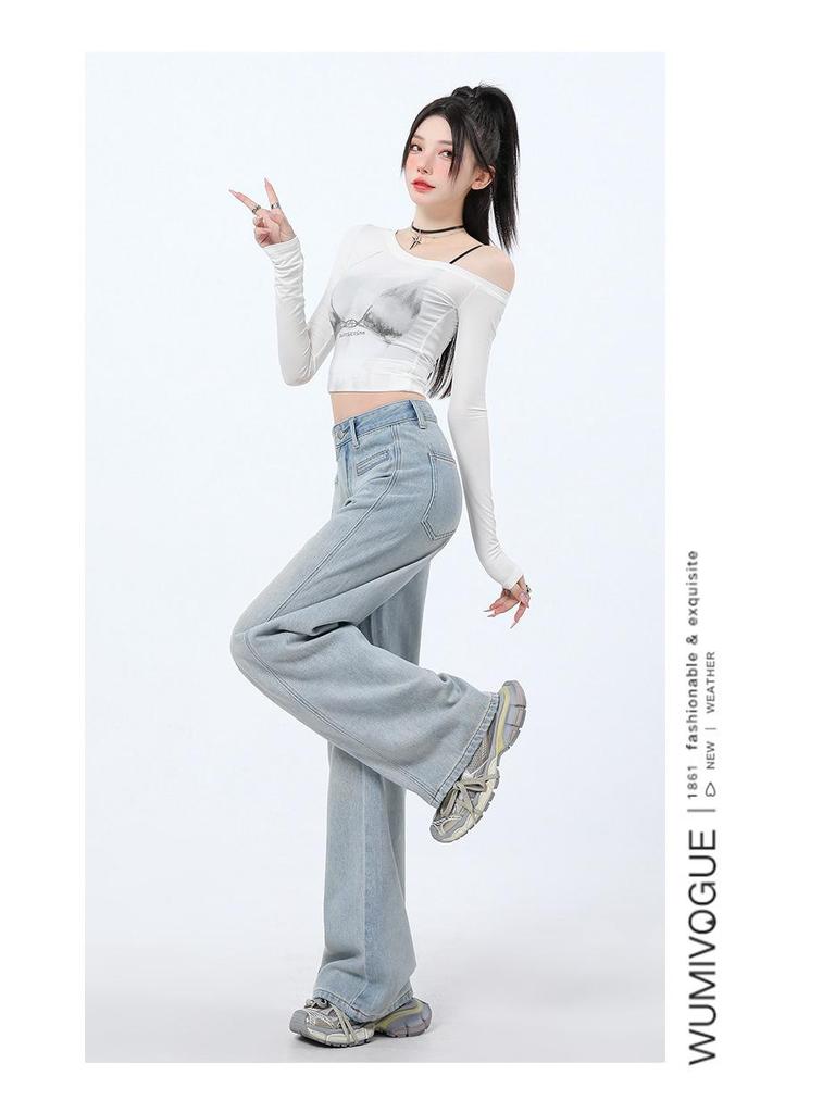 Ljusblå Wide-Leg Jeans med Hög Midja för Kvinnor - Våren 2025 Smalande Lös Passform Rak Ben Design