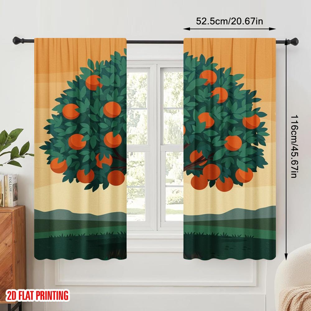 2 Stück 2D Flachdruck Vorhänge Ernte von Orangenbaumfrüchten Polyester Ohne Strom Weihnachtsdekorationen Verwendung für Feiertag