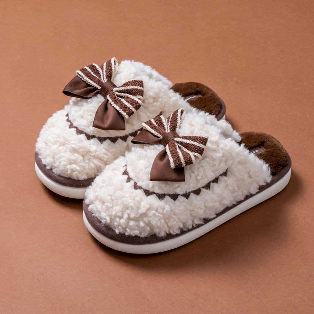Winter Bowknot Furry Slippers for Couples - Cozy Indoor Cotton Slippers