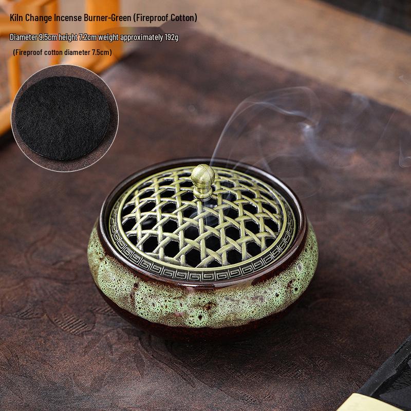 Ceramic Sandalwood Incense Holder with Net Lid and Crackle Glaze, for Coil and Stick Incense, Three-Legged Buddhist Home Use.