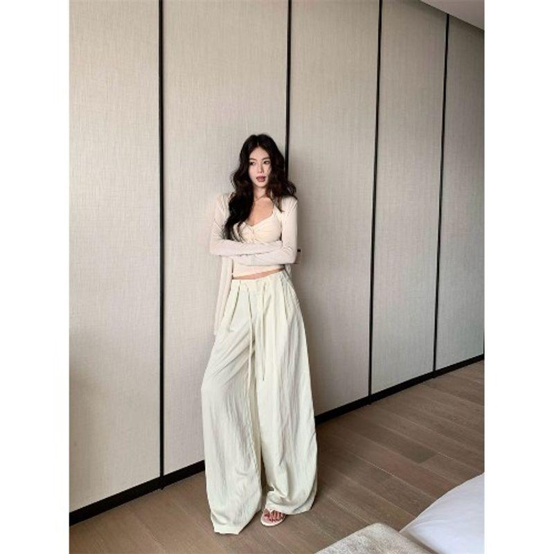 Kumikumi Lazy Style Long Sleeve Cardigan Underwear Spaghetti-Strap Slip Women's Autumn Slimming All-Match Wide Leg Pants Three-Piece Set