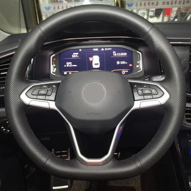 Hand-Stitched DIY Black Artificial Leather Car Steering Wheel Cover For Volkswagen VW Golf 8  Atlas
