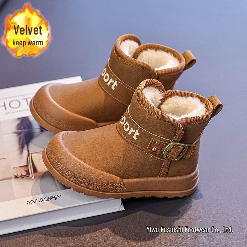 Boys' Waterproof Leather Snow Boots with Fleece – All-Season Warm Cotton Footwear