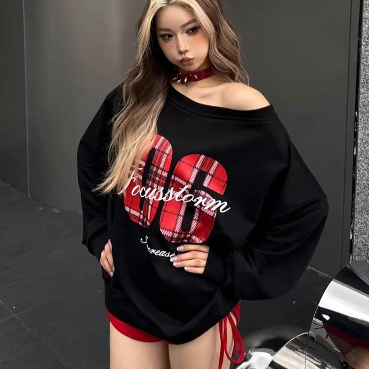 Y2K Sport Casual Oversize Hoodies Women Long Sleeve Sweatshirt Off Shoulder Top Back School Vintage Basic Tees Autumn Winter