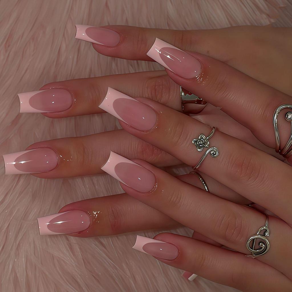 24-Pack Medium & Long White French Ballet False Nails with Glitter Powder