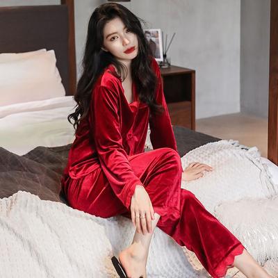 New Long-sleeved Sexy Lace Plus Size V-neck Nightwear Homewear Pajamas Female Fall and Winter Cardigan Suit Spring Velvet