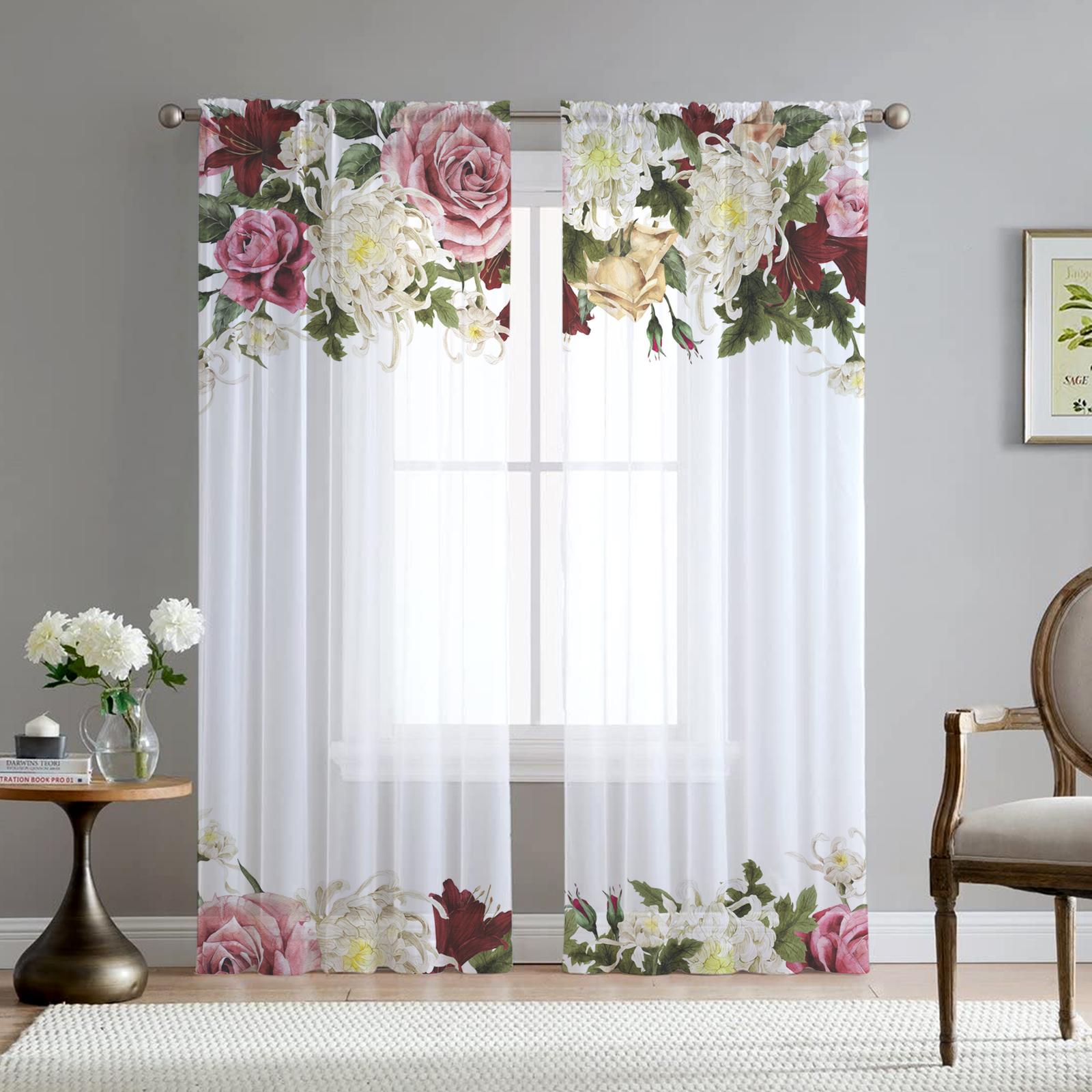 

Белый Камень Фиолетовая Роза Цветочный Прозрачный Вуаль Занавес для Гостиной Спальни Кухни Оконный Декор Геометрические Цветы Тюлевые Занавески 1 PCS W100XH250cm&Grommet Top