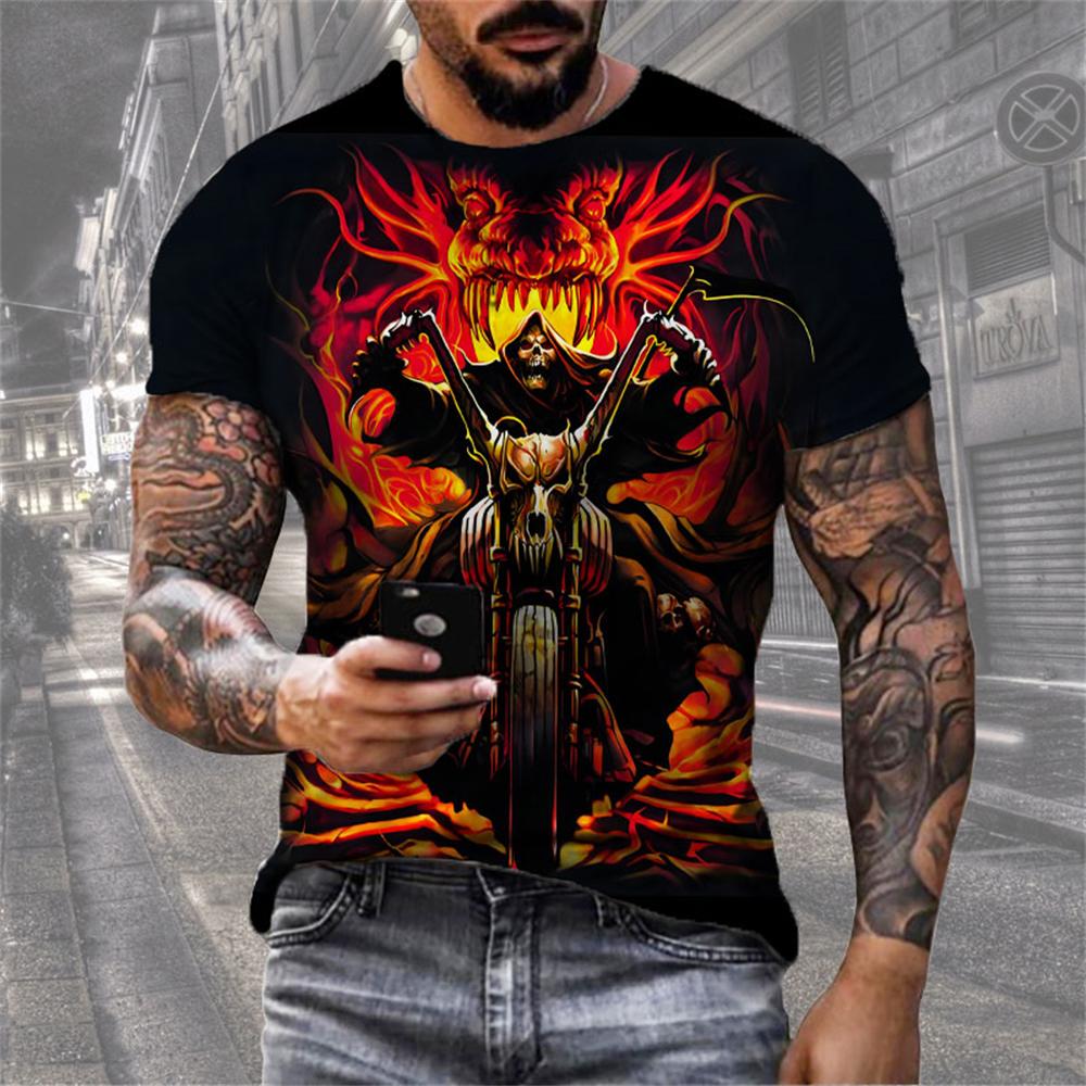 New Men's T-Shirts 3D Skull Printed Black Streetwear Short Sleeve Round-Neck Horror Halloween Man Tops Loose Fashion Gothic Tees