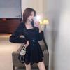 Small square neck French puffy dress autumn and winter bottoming waist pure desire Hepburn style small black dress new