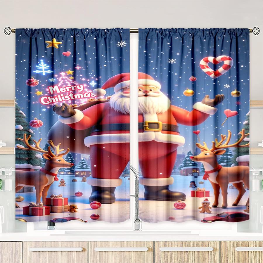 2pcs- Christmas Santa Claus Christmas Tree Pattern Printed Curtains   Christmas Decorations   Home Decorations   Room Decorations