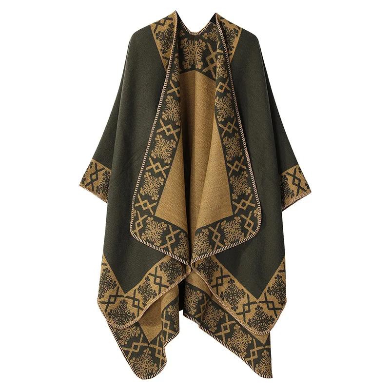 Knitted Shawl Women's Winter Thick Seam Shawl European and American Dual-use External Scarf Warm Printed Fashionable Scarf Cape