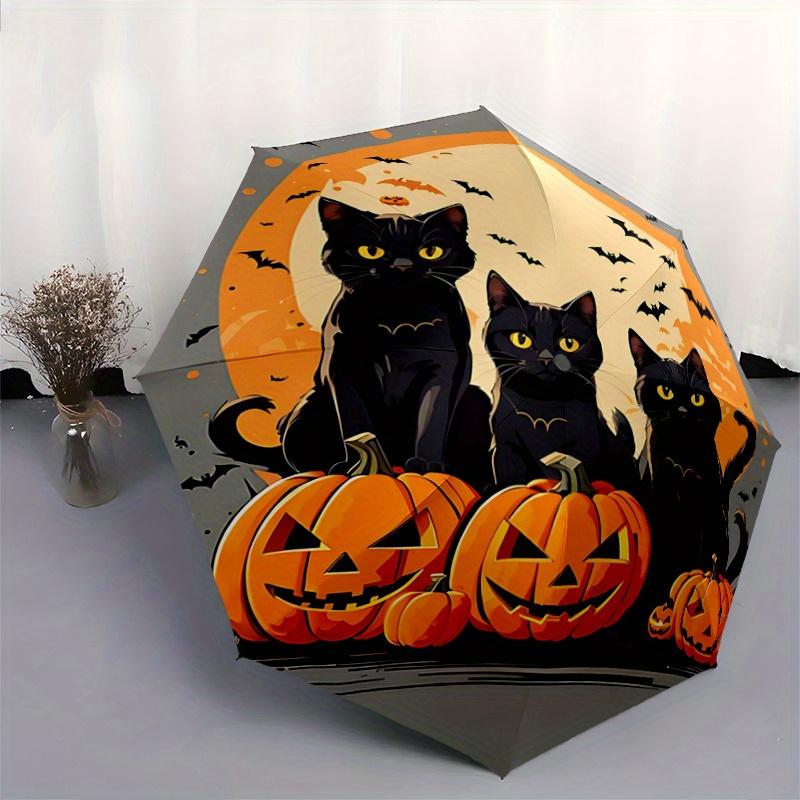 1pc Halloween Night Black Cats Automatic Folding Umbrella - 3 Folding Design, Vivid Cartoon Pattern, Suitable for Outdoor Activities, A Gift for