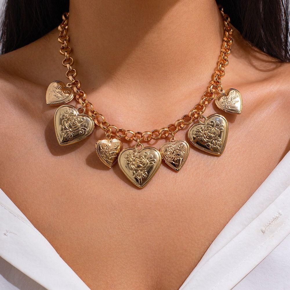 Stereoscopic Metal Heart Bracelet Elegant Vintage Jewelry Fashion Heart Pendant Necklace  Party