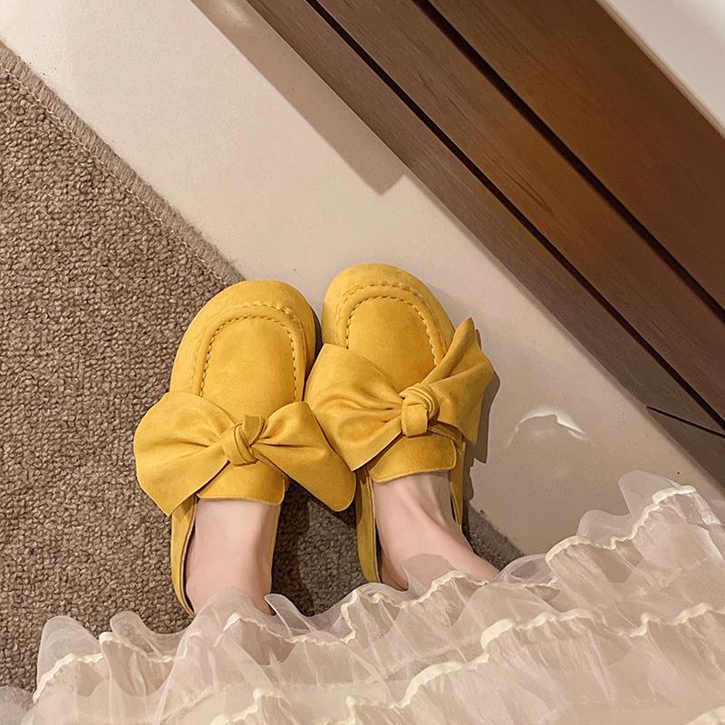 Soft Bottom Slippers Summer New Round Head Deep Mouth Flannelette Butterfly Knot Anti-slip Wear-resistant Flat Shoes