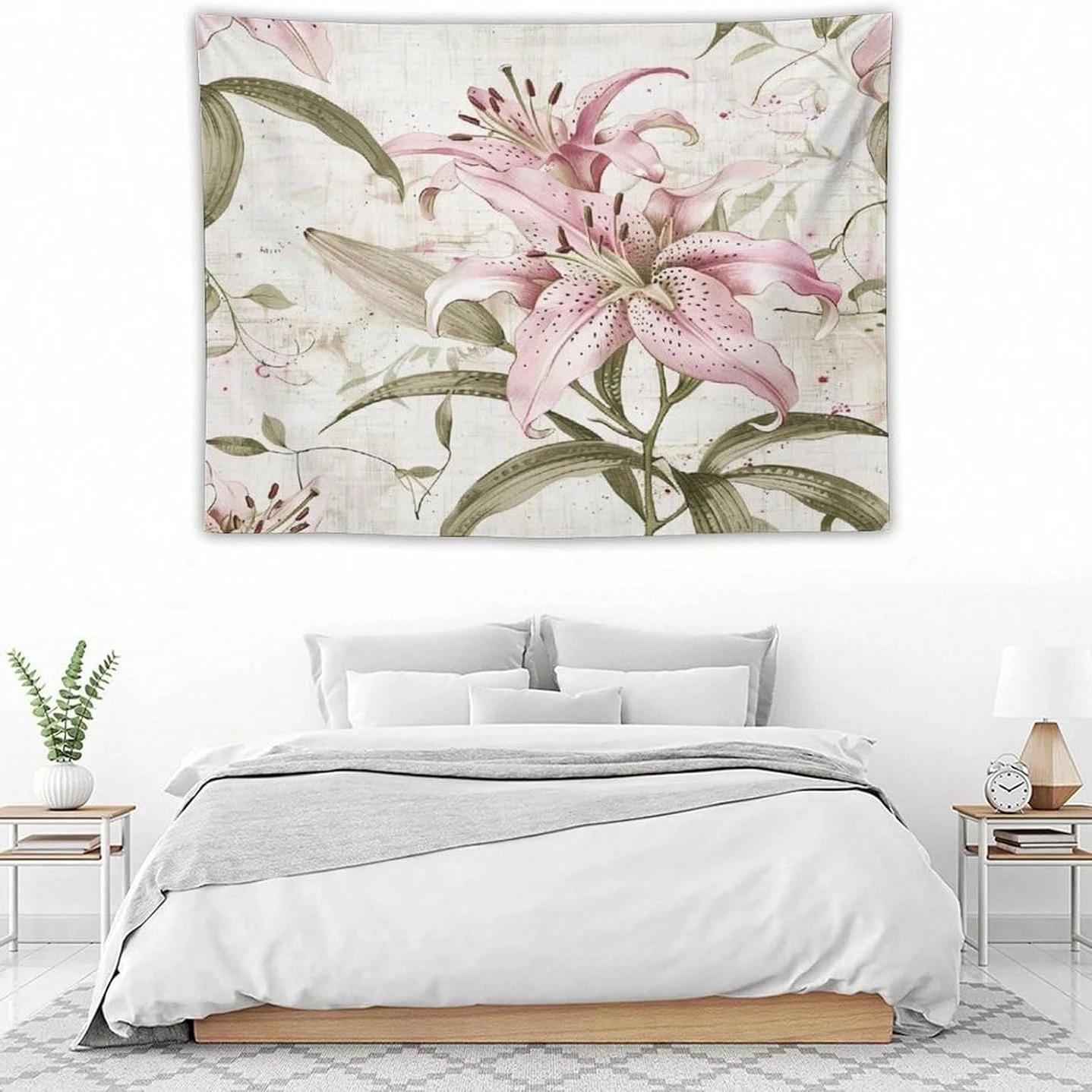 Pink Lily Flower Tapestry As Wall Art Tropical Blossom Leaves Tapestry Aesthetic Landscape Tapestry Wall Hanging For Bedroom 100X70CM
