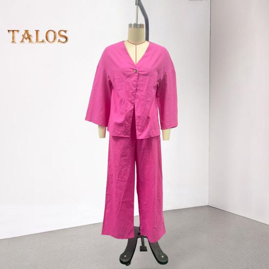 Dámský bavlněno-lněný dvoudílný outfit s dlouhým rukávem, top s výstřihem do V a zapínáním na knoflíky, široké kalhoty, ležérní souprava na doma