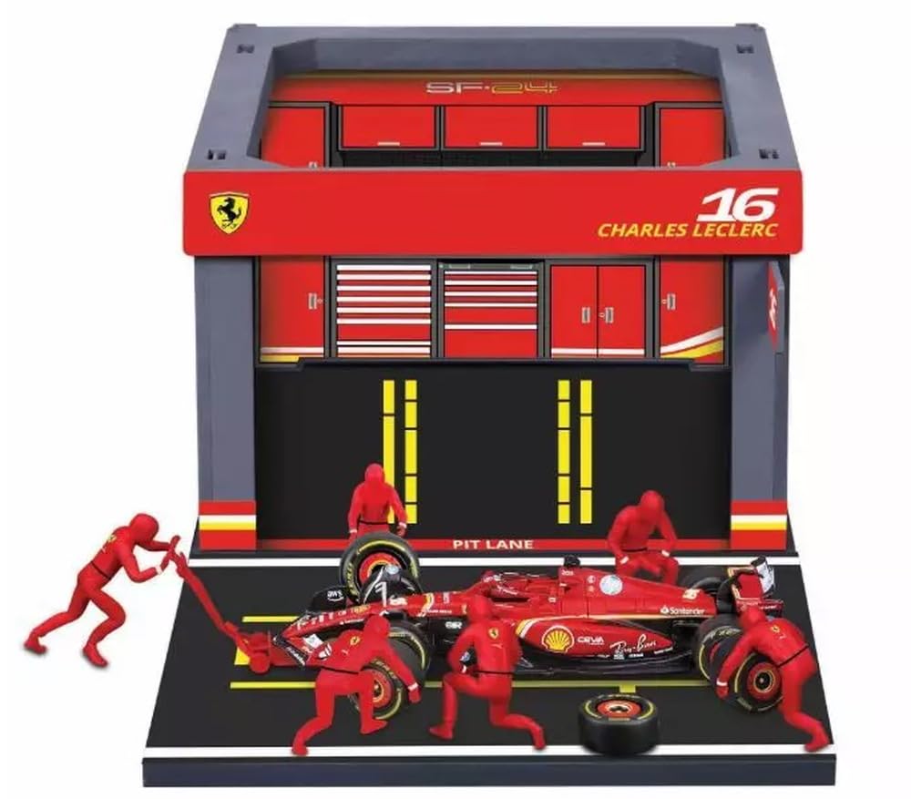 Kyosho BURAGO Ferrari PIT PASS Set Leclerc x Paddock 1/43 SF-24 No.16 C. (Crew 6pcs, Garage) 18-36862L