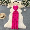 Europäischer und amerikanischer Fan-Nischen-Schleifen-Rückenfreies Neckholder-Strickkleid Damen Dreidimensionale Blume Enganliegender Gestrickter Langer Rock