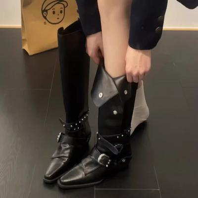 Marque de Mode Chaussures pour Femmes Rivets Bottes Cuisardes Mode Au-Dessus du Genou Pointu Dames Noir Bout Pointu Marque Chaussures pour Femmes Rivets Lad