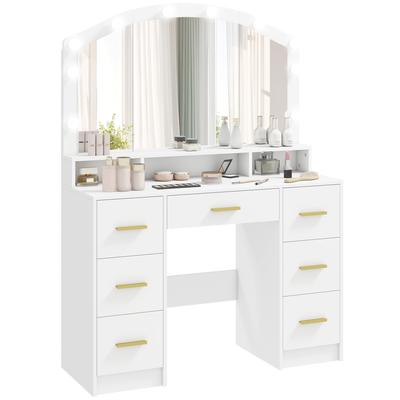 Dressing Table with Mirror. Adjustable LED Lights (3 Colors). 7 Drawers. 3 Open Compartments. 110 X 40 X 150 Cm. White