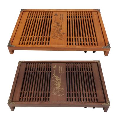 Plateau à thé en bois naturel chinois Drainage Stockage d'eau Service à thé Kung Fu Simple Rectangulaire Plateau de rangement avec tuyau de drainage