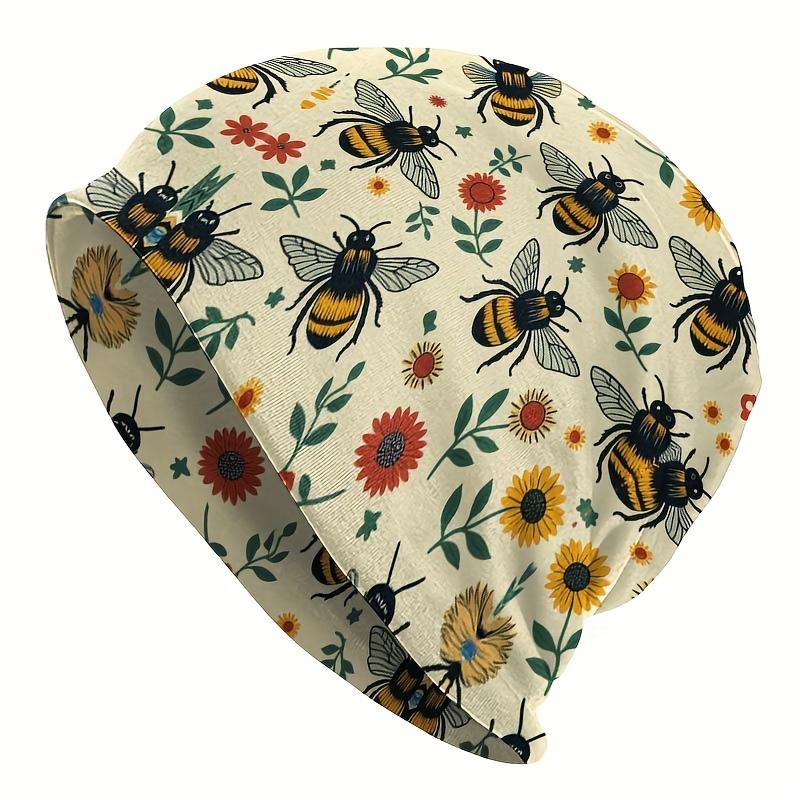 Eine lässige Outdoor-Strickmütze mit Bienen- und Blumenmotiv - Exquisiter gelber Hintergrund mit Bienen- und Blumenmustern, Strapazierfähiges Strickgewebe One Size black